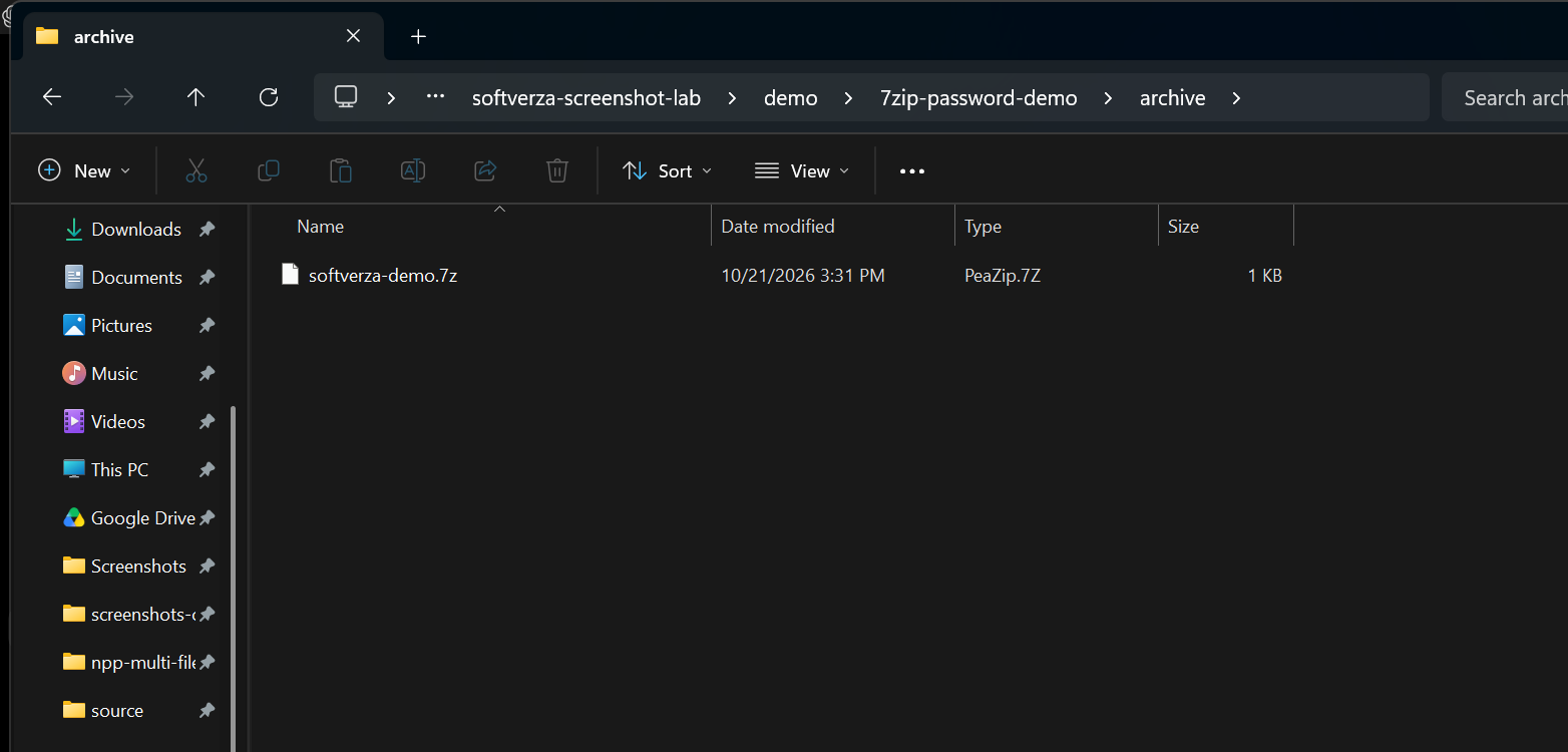 Created softverza-demo.7z archive in the isolated test folder.