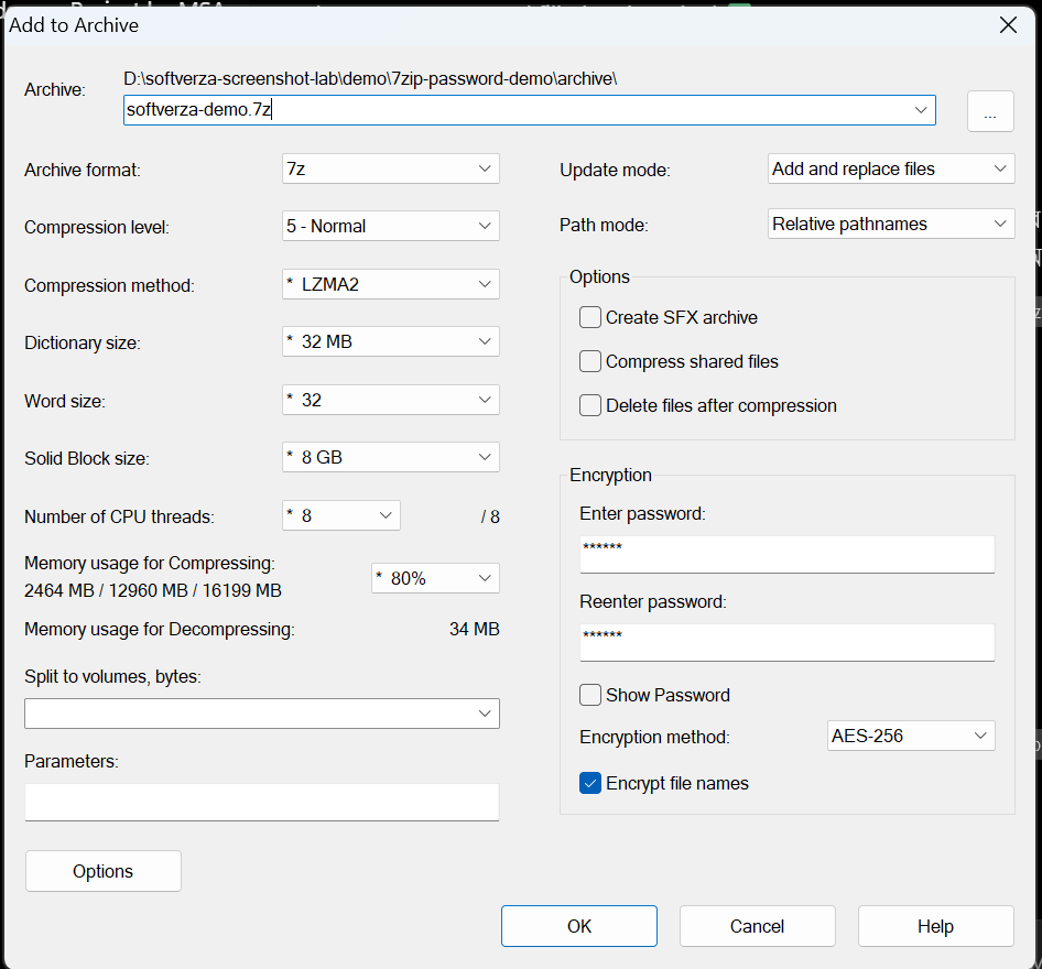 7-Zip Add to Archive dialog using 7z, AES-256 and encrypted file names.