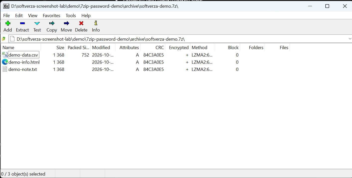 Encrypted 7z archive showing three files after the correct password was entered.