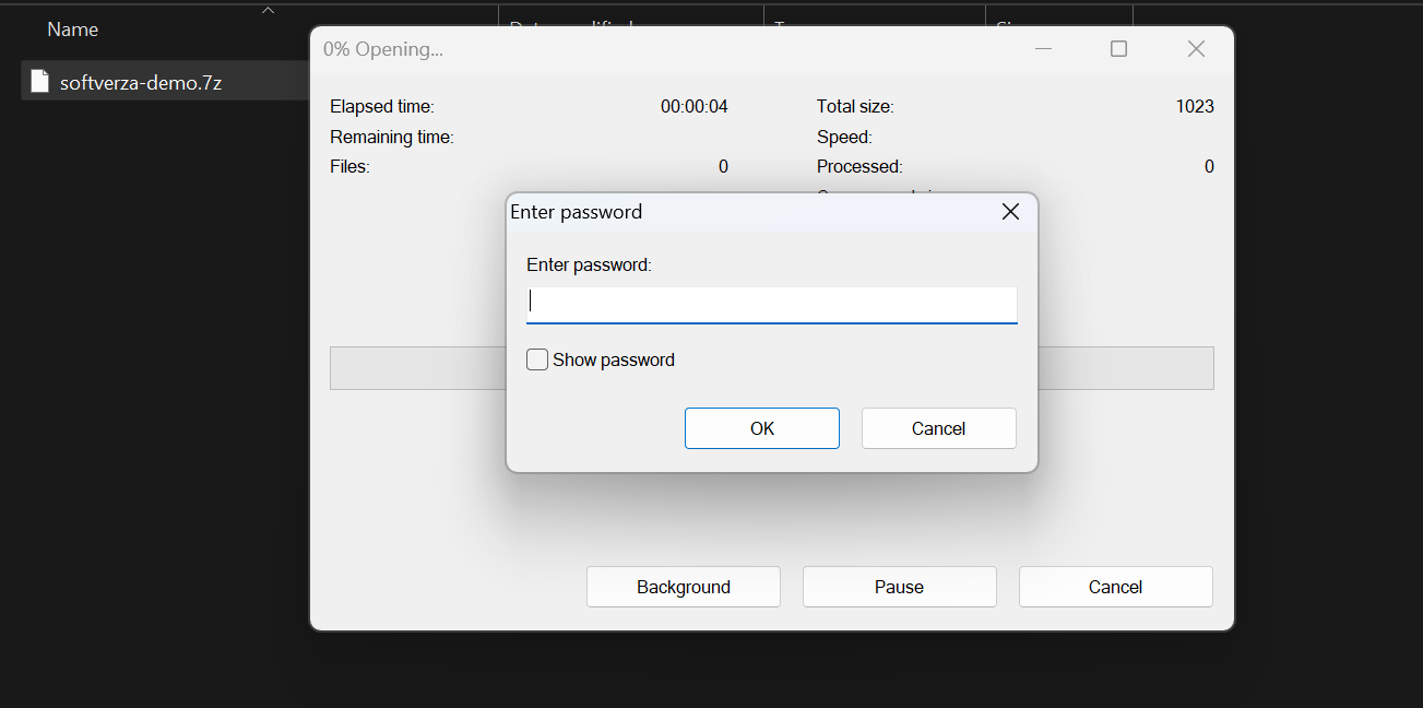 7-Zip Enter password prompt when opening the encrypted 7z archive.