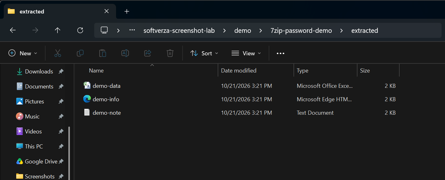 Three files extracted from the encrypted 7z archive into a separate folder.