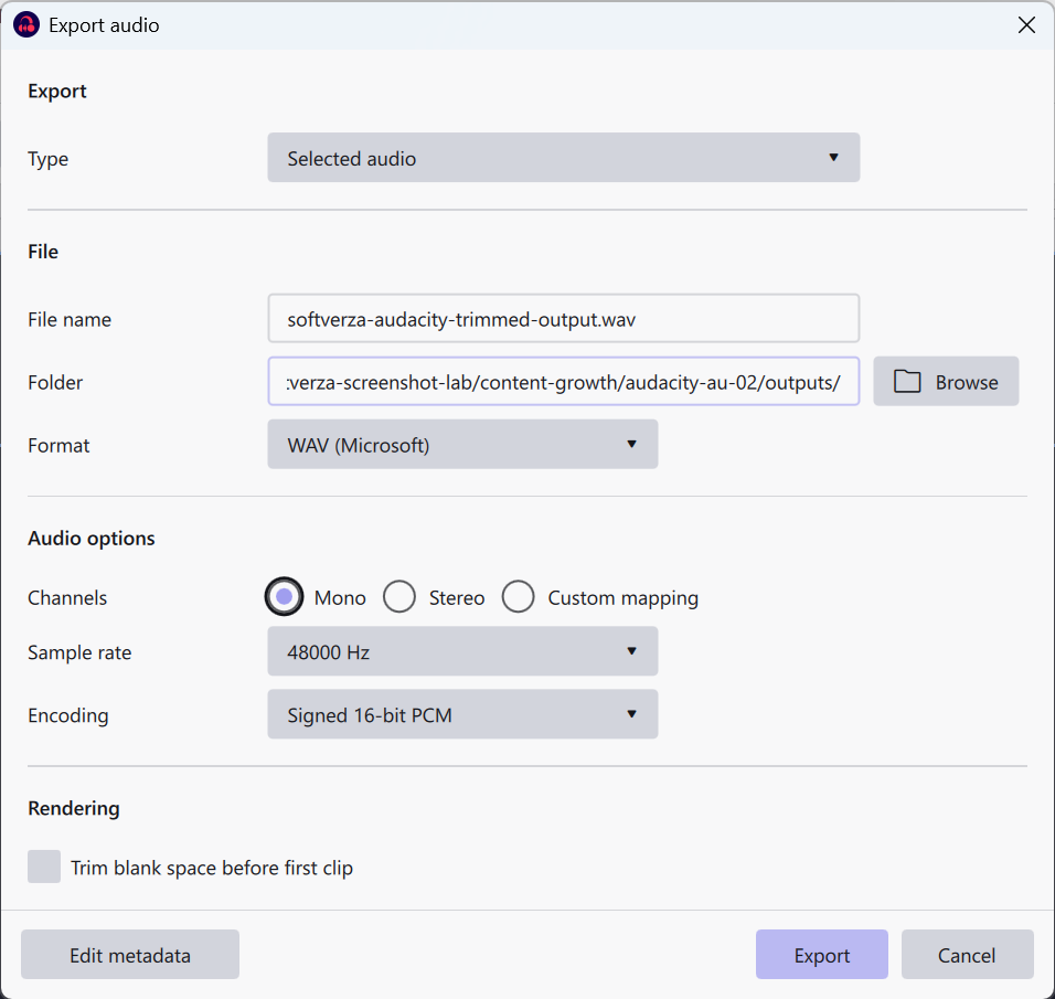 Audacity Export audio dialog set to Selected audio, WAV, Mono, 48000 Hz, and Signed 16-bit PCM.
