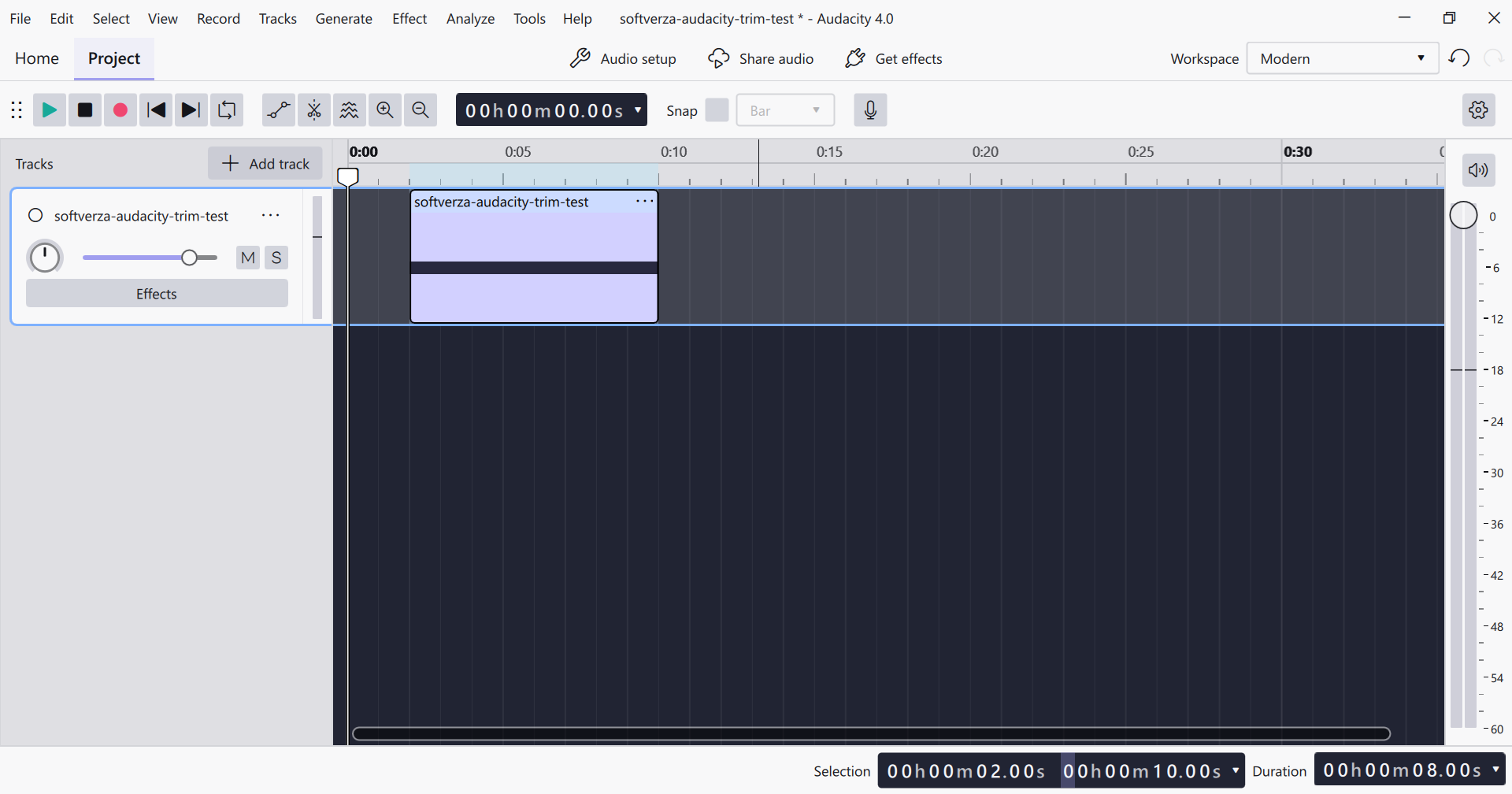 Audacity with the opening and ending clips removed and the eight-second middle section retained.