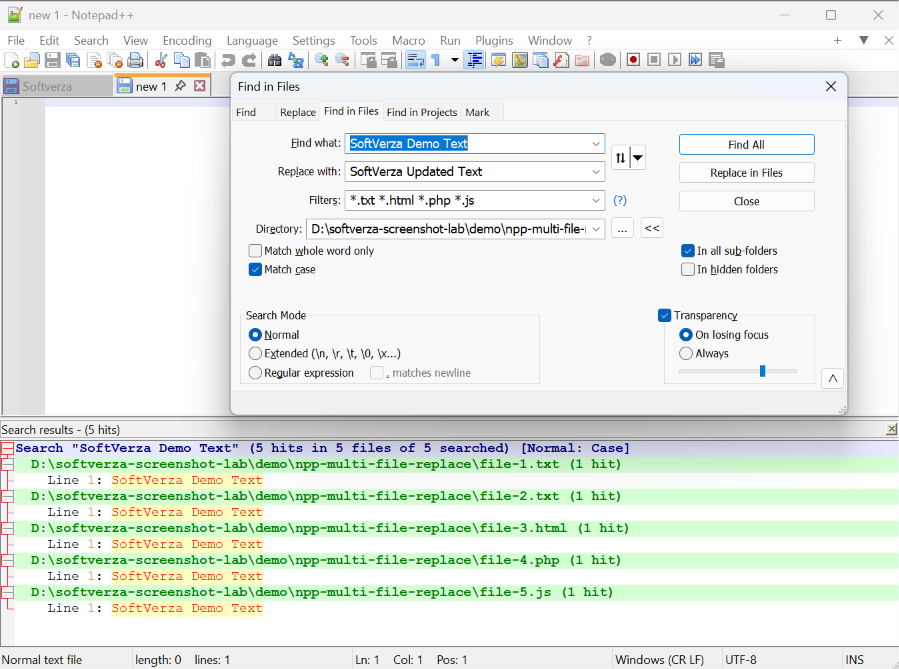 Notepad++ Find in Files setup with five matching demo files.