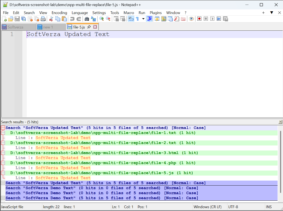 Notepad++ file showing SoftVerza Updated Text after multi-file replacement.