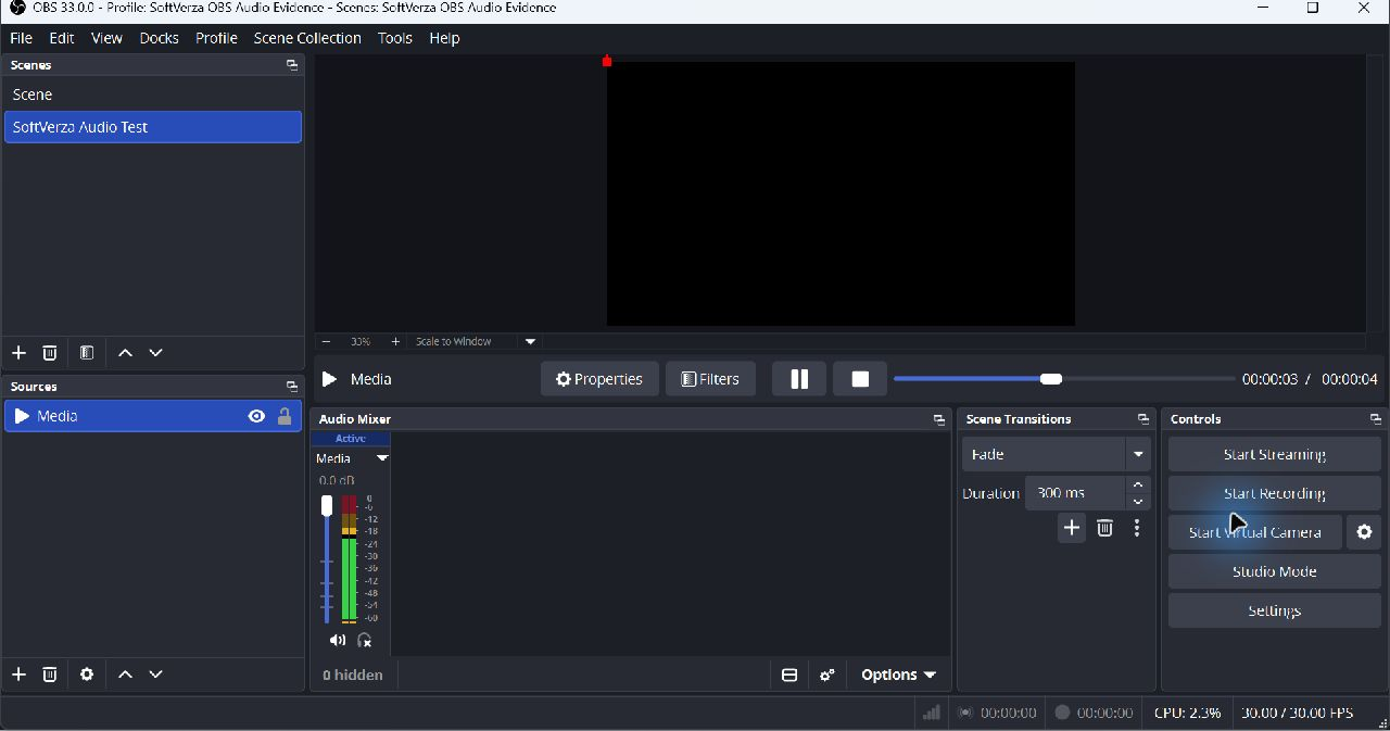OBS Studio 33.0.0 test scene with the Media source and an active audio meter.