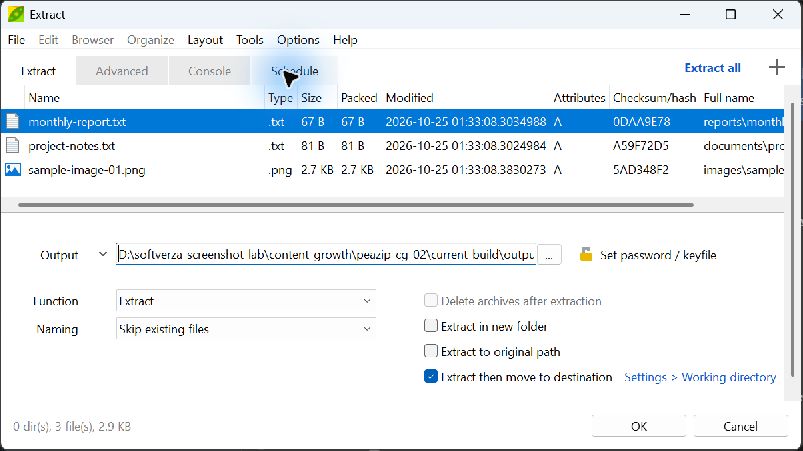 PeaZip 11.4.0 extraction screen listing three selected files with Function set to Extract.