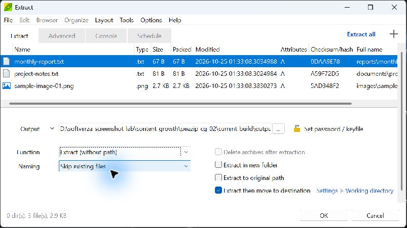 PeaZip 11.4.0 extraction screen with Function set to Extract (without path) for the same three files.