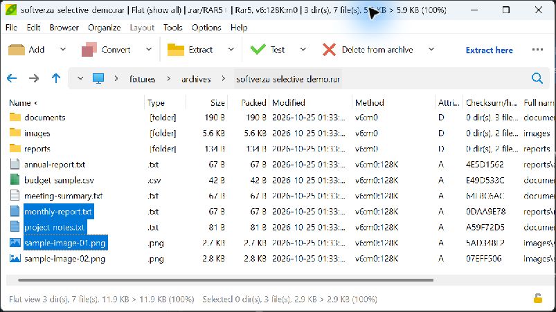 PeaZip 11.4.0 flat archive view with monthly-report.txt, project-notes.txt, and sample-image-01.png selected.