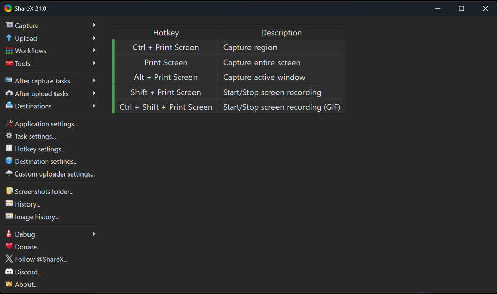 ShareX 21.0 main window