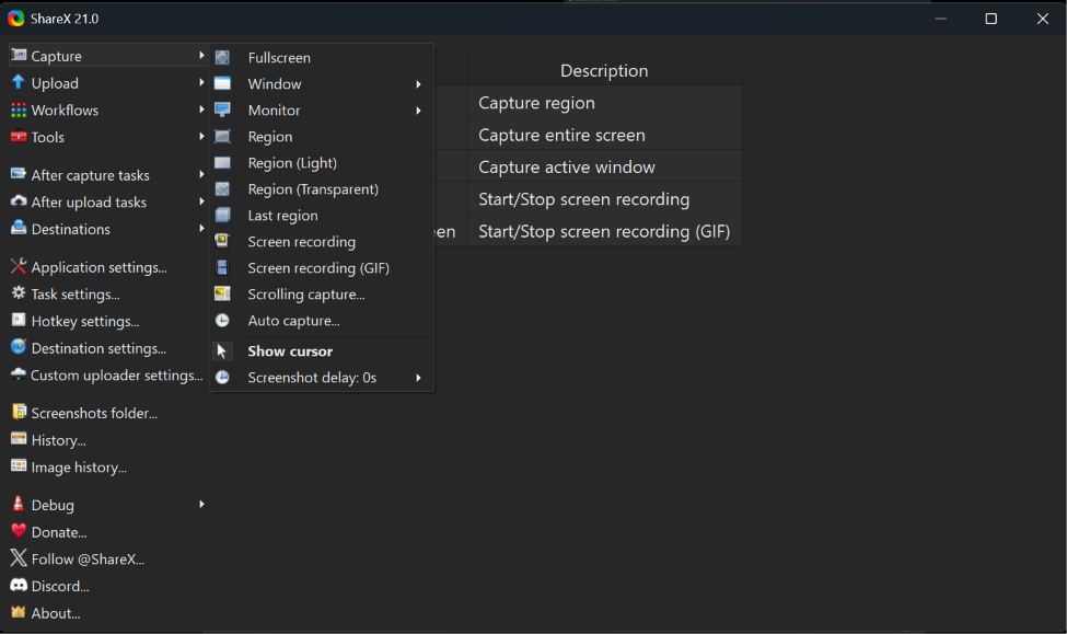 Scrolling capture option in the ShareX Capture menu