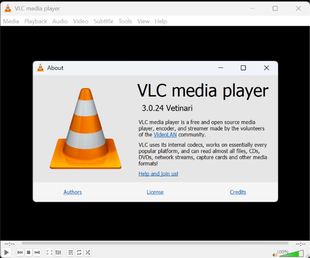 VLC media player About dialog showing version 3.0.24 Vetinari