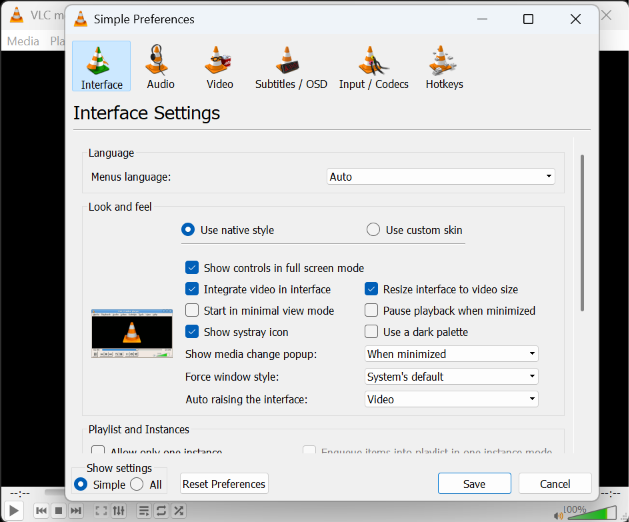 VLC Simple Preferences window with the Reset Preferences button